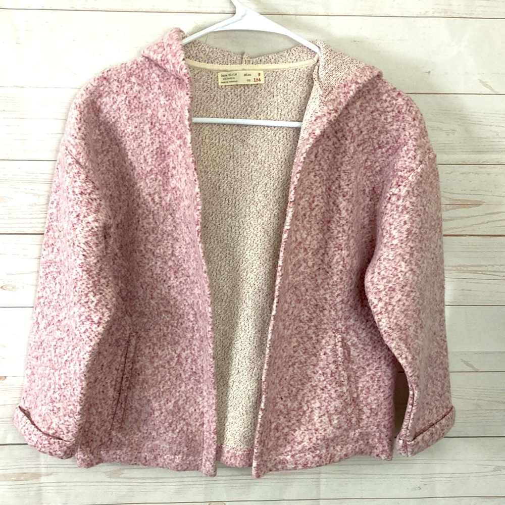 Zara Girls Collection Size 9 Pink Fleece Hooded Open Front Cardigan pockets